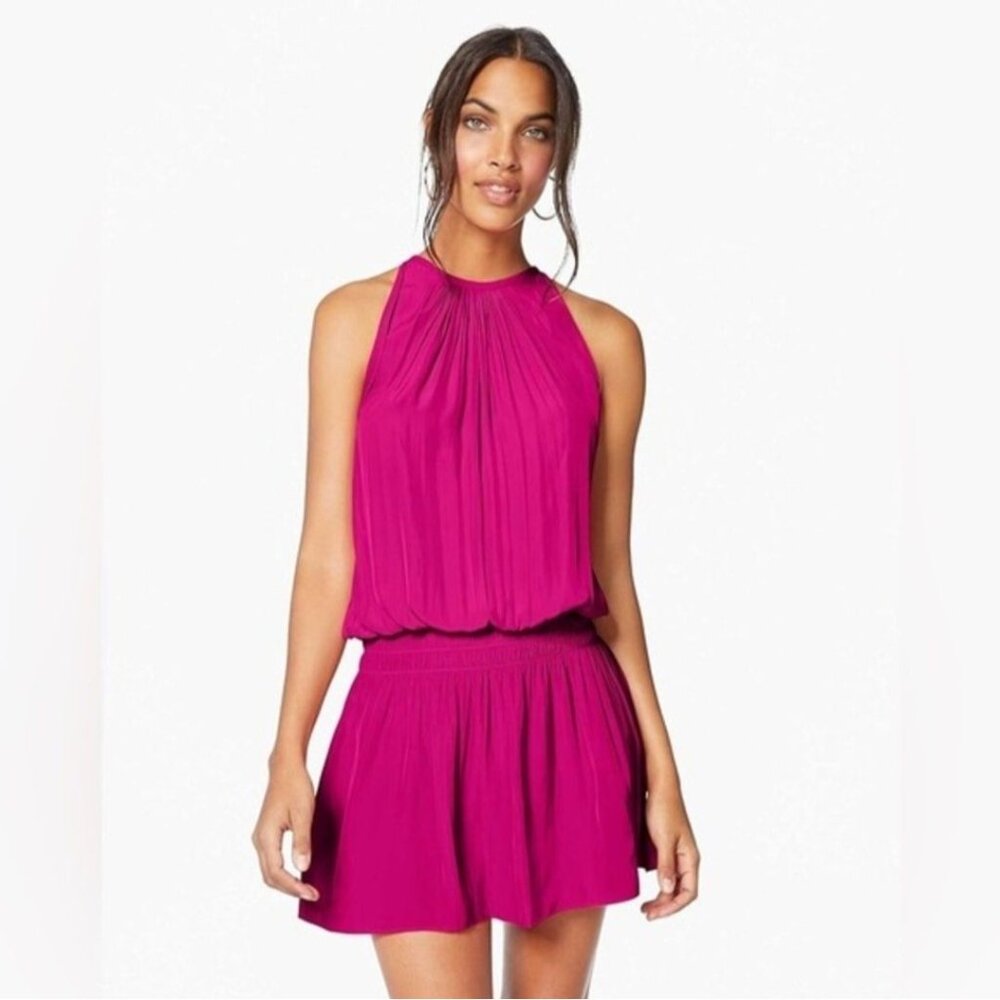 Ramy Brook Paris High Neck Mini Dress Small Deep Fuchsia Smock Waist Sleeveless